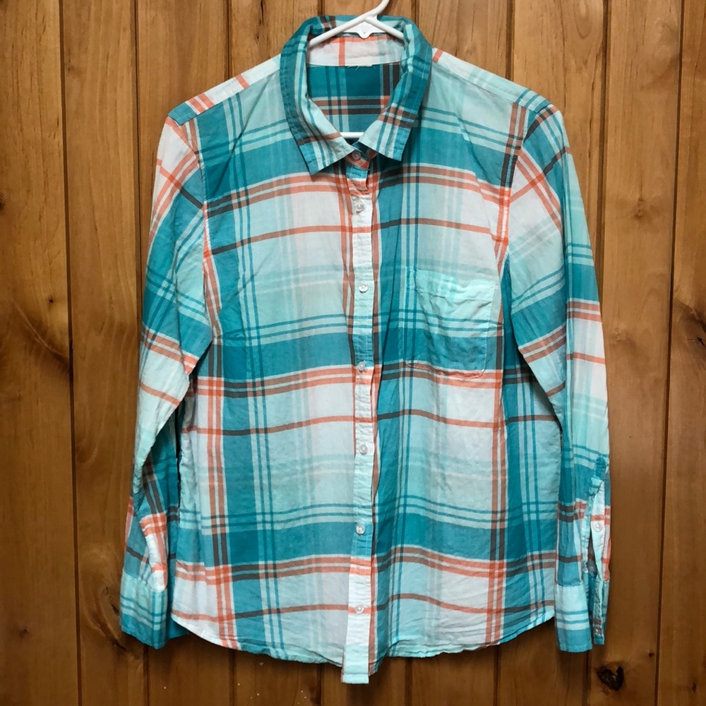 Long Sleeved Button Down Shirt Teal/Coral Size L